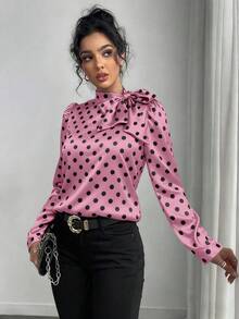 Rafferiza Áo cánh tay bồng cổ bẻ in họa tiết chấm bi thanh lịch dành cho nữ - Màu tím - Xem 4