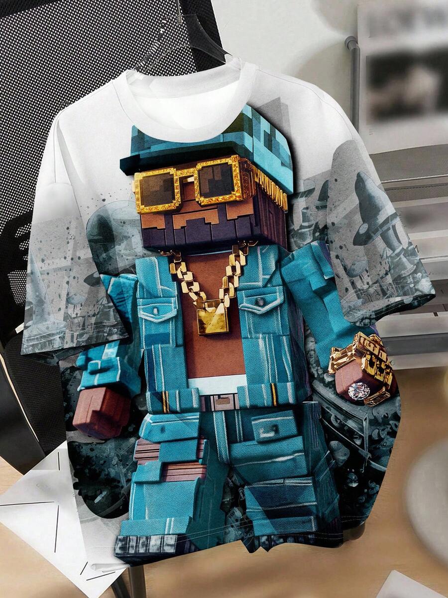 SHEIN Tween Boy Casual Classic Cartoon Pixel Man Soldier Graphic Round Neck Short Sleeve T-Shirt, Suitable For Summer - Multicolor - View 1