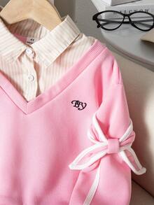 SHEIN 女童字母刺绣条纹拼接衬衫领休闲卫衣 - 粉色 - 查看 3