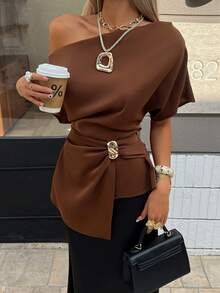 Siren Gaze Women's Solid Color Asymmetrical Ruffle Shirt, Metal Button Decor Oblique Collar Asymmetrical Shoulder Blouse, Spring Break Outfits, Going Out Tops, Elegant Blouses For Women, Metal Buckle Glitter Top, Brown Top, Casual Blouses For Women , Valentines Day Summer Coffee Brown Top Brown Blouses - Brown - View 1