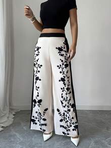 Pariaura Quần ống rộng in họa tiết hoa phối màu tương phản thanh lịch dành cho người đi làm. - Màu be - Xem 6