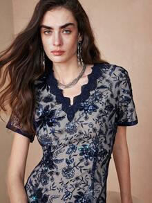 Arave 女士梭织亮片刺绣落肩收腰连衣裙，优雅女装 - 寶藍色 - 查看 5