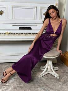 Aloruh 优雅纯色撞色蕾丝露腰无袖连衣裙，休闲及派对皆宜 - 紫色 - 查看 7