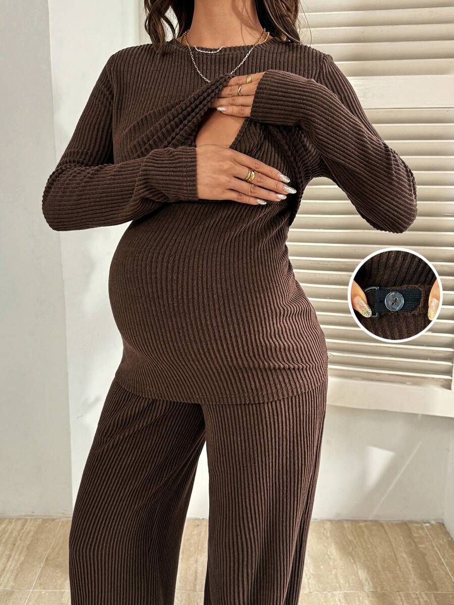 SHEIN Maternity Clothes Nursing Two-Piece Set Spring And Summer Pregnant Clothes Brown Two-Piece Crew Neck Long-Sleeved Shirt + Trousers - Soft, Comfortable, And Casual - Brown - View 1