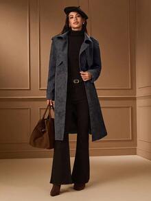 Lilora 女士复古高端极简羊毛混纺风衣，收腰中长款羊毛大衣，冬季必备 - 黑色 - 查看 4