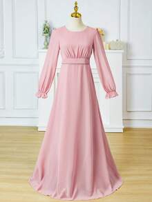 Elegant Chiffon Long Sleeve Pearl Decor Long Dress For Teenage Girls, Suitable For Wedding, Prom, Birthday Party, Christmas, Halloween, Back To School, Graduation