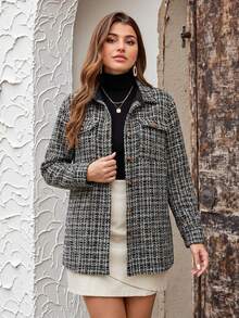 SHEIN LUNE Manteau ample à manches longues à carreaux pour femmes grandes tailles avec poches utilitaires, décontracté. Manteau d'hiver pour femmes - Manteau oversize à épaules tombantes à motif à carreaux, essentiel, décontracté pour tous les jours, style campagne chic pour les vacances, thermique - Noir et Blanc - Voir 5