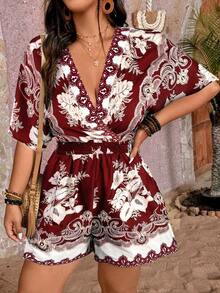 SHEIN Holidaya Plus Size V-Neck Short Sleeve Simple Fashion Jumpsuit, Suitable For Summer - Multicolor - View 5