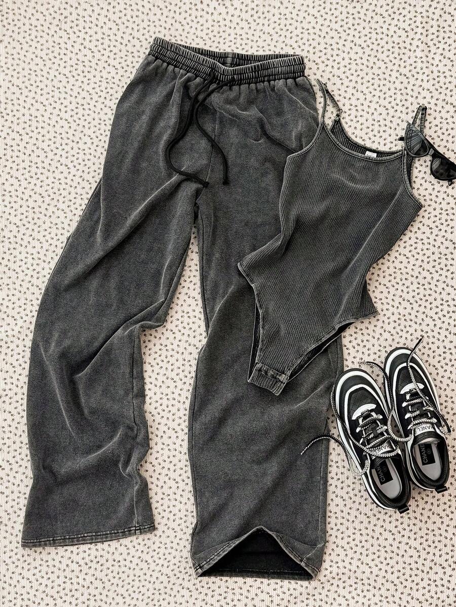 Teen Girl's Fashionable Washed Gray Fabric Camisole Jumpsuit With Long Pants, Spring/Summer - Dark Grey - View 1