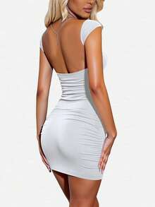 INAWLY Ladies Solid Color Simple Pleated Design Dress - White - View 2