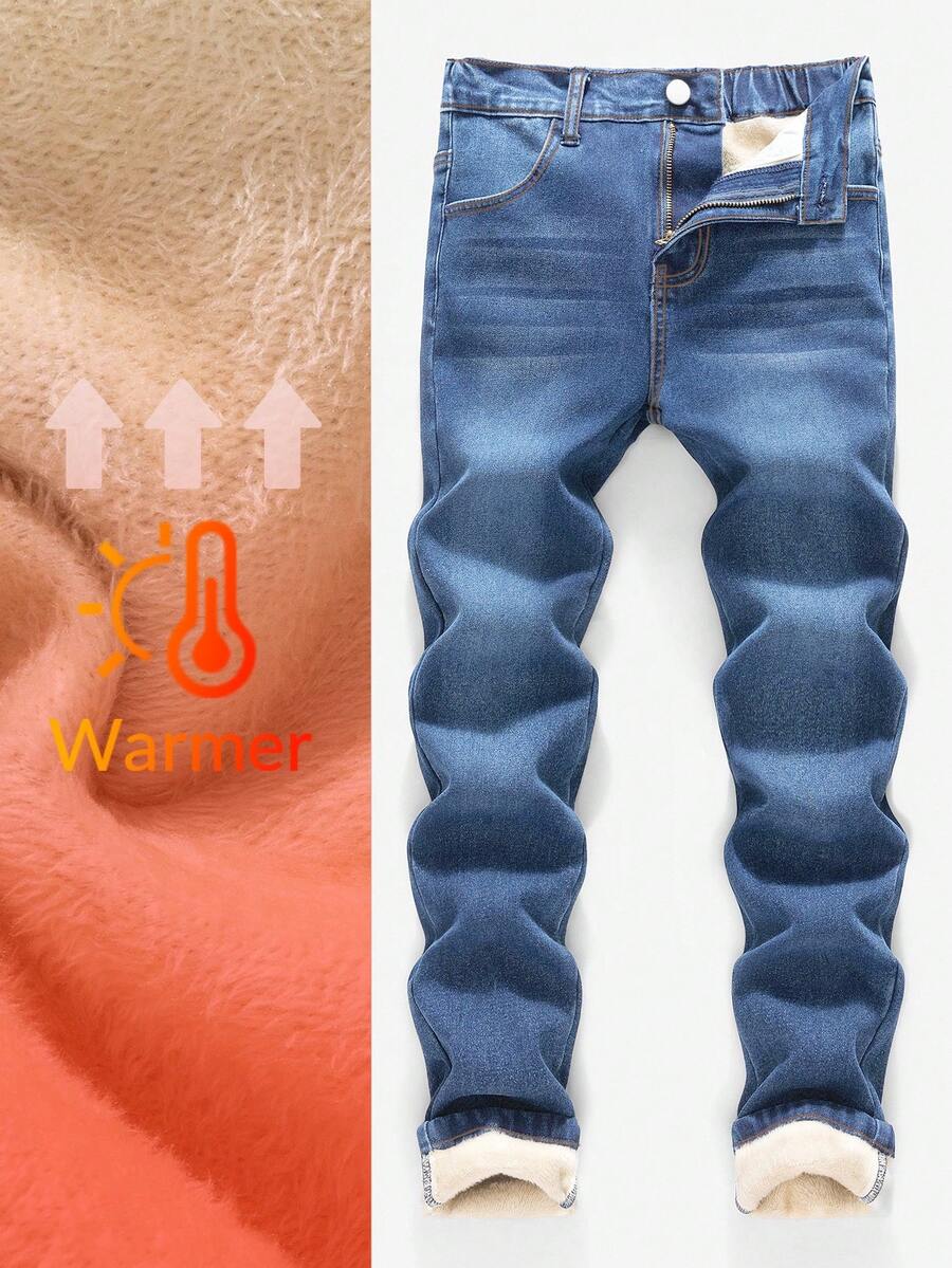 SHEIN Jeans casual alla moda da ragazzo pre-adolescente, stile Y2K vintage, cool, basic e semplice, in denim blu scuro con fodera in pile, adatti per l'uso quotidiano, l'inverno e l'autunno, per festival rave e streetwear scolastico - Blu lavato medio - Visualizzare 1