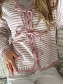 CovetEZ Women's Clothing 2026 New Spring Outfit Women's Pink Striped Cardigan, Pure And Sweet, Casual And Sweet, Basic And Versatile Fashion Valentine's Day Cardigan, Striped Drop Shoulder Long Sleeve Pink Sweater, Casual Bow Tie Knitted Long Sleeve Loose And Lazy Style Cardigan