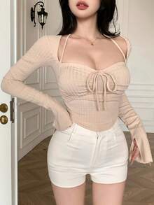 DAZY Women's Solid Color Sweetheart Neck Long Sleeve Front Tie Fitted Fashionable Long Sleeve T-Shirt - Apricot - View 7