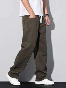 Manfinity Homme Loose Fit Men's Drawstring Waist Wide Leg Jeans Suitable For Casual Daily Wear, Weekend Outings, Social Gatherings And More - Black/Green - View 3