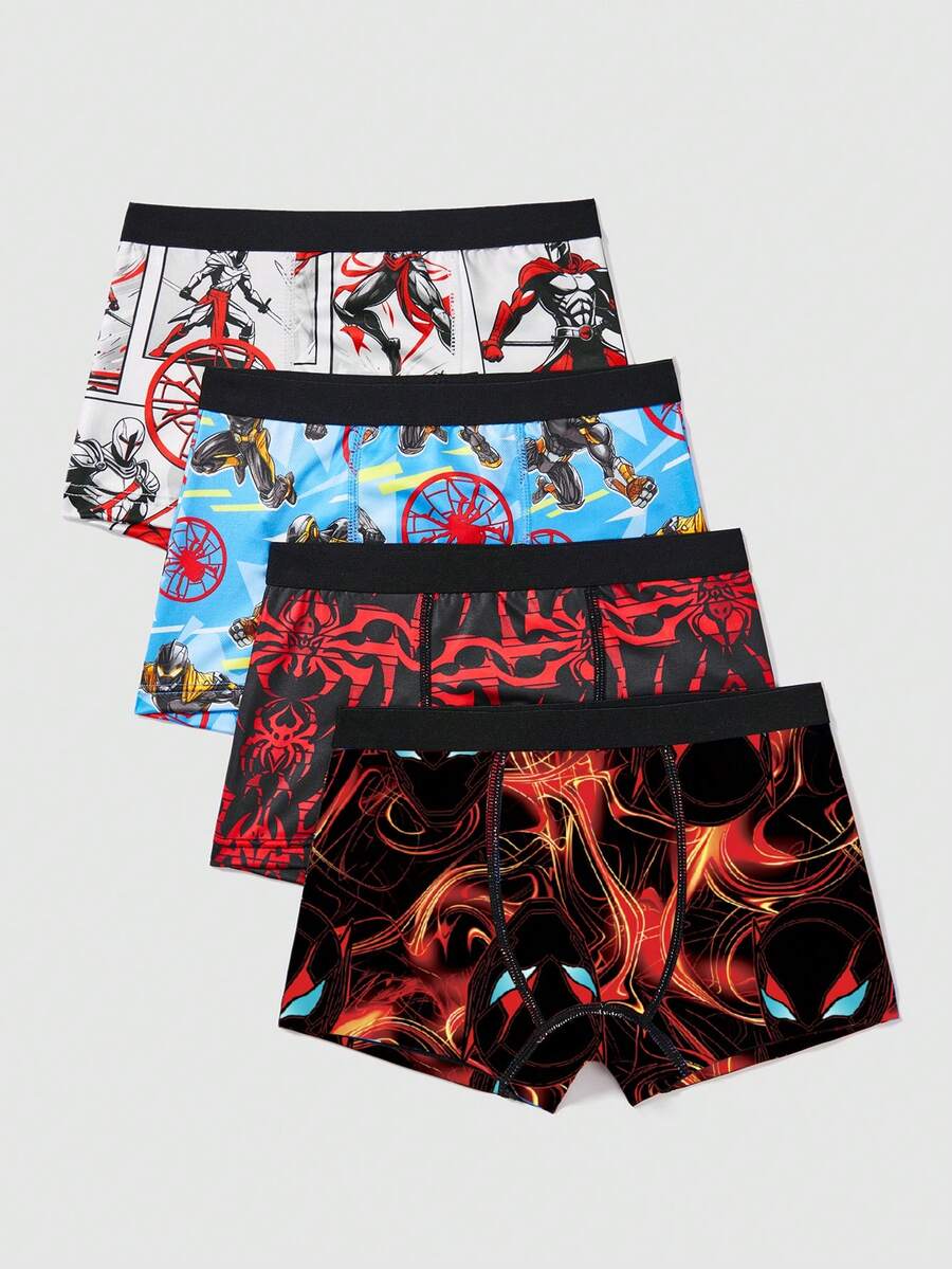 SHEIN 4 件装 男童简约舒适超级英雄和蜘蛛图案弹性腰部运动三角裤 - 紅白色 - 查看 1