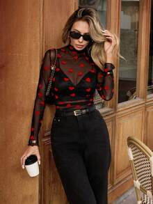 SHEIN PariChic 女士高领爱心植绒网纱透视性感优雅上衣，女士情人节爱心天鹅绒高领长袖透视上衣（春夏款），黑色性感透视爱心印花长袖上衣，褶皱网纱内裤（内外皆可穿） - 黑色 - 查看 5