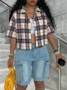 Rovax Women's Plaid Lapel Single-Breasted Casual Versatile Daily Commute Short Sleeve Shirt - Multicolor - View 6