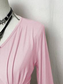 EgrlEra 女士休闲纯色褶裥腰部T恤 - 粉色 - 查看 4