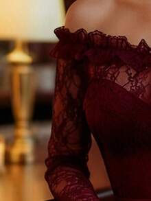 Balvessa Women's Off-Shoulder Long Sleeve Lace Mini Dress With Ruffle Trim - Burgundy - View 5