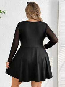SHEIN CURVE+ 大码女式纯色网纱拼接连体裤，优雅黑色，长袖，适合通勤、约会、派对、外出、婚礼宾客等场合，独特黑色长袖网纱连衣裙 - 黑色 - 查看 2