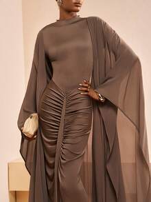 Zivah فستان ماكسي طويل الأكمام بياقة على شكل حرف V مع كشكشة الخصر وربطة + جاكيت كيمونو فضفاض شفاف مجموعة من قطعتين، مجموعة قطعتين كاجوال، مجموعة قطعتين للعطلات، بدلة نسائية مكونة من قطعتين - كاكي - مشاهدة 1