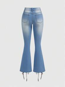 ROMWE Grunge Punk Spring Valentine's Day Y2K Retro Millennium Sexy Lace-Up Design Fitted Flare Leg Jeans For Women - Blue - View 2