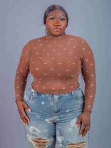CurvyTilda Plus Size Women's Fall & Winter,Spring&Summer Elegant Gorgeous Glamorous Sexy Basic Handmade Rhinestone Decoration With Mesh Fabric See-Through Tights Top Sheer Rhinestone Top See Through Top Brown Rhinestone Top Bling Top,Fall/Winter,Banquet,Feast,Dinner Party,Prom,Ball,Urban,Sexy ,Elegant,Formal Event,Modest,Chic,Holiday,Date Night,Gathering,Birthday,Bachelorette Party Outfit ,Cocktail,Old Money, For Hourglass Body Shape - Brown - View 4