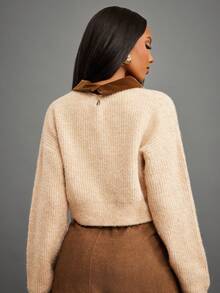 NYA SZN Elegant Beige Long Sleeve Collar Loose Zipper Pocket Detail Sweater,Back-To-School School Autumn Casual Loungewear Preppy Old Money Holiday Festive - Yellow - View 2