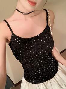 DAZY Áo hai dây chấm bi nữ, áo mùa hè đa năng thường ngày - màu đen - Xem 1