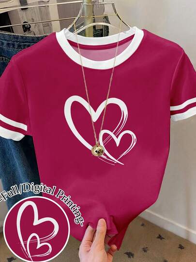 Resyla 女士爱心印花宽松休闲撞色条纹圆领T恤上衣