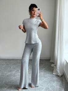 SHEIN PETITE 2pcs Women Casual Elegant Ribbed Short Sleeve Top And Pants Set - Grey - View 4