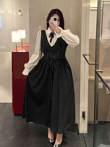 Vibekara Plus Size Women's Collared Half-Placket Shirt Collar 2 In 1 Contrast Color Button Bow Elegant Retro Collegiate Outdoor Casual Mid-Length A-Line Dress, Spring/Summer - Black - View 4