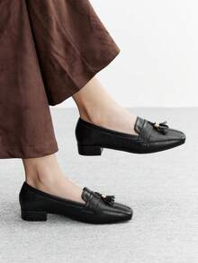 CUCCOO BIZCHIC Commuting Casual Minimalist Solid Color Square Toe Women Flats For Christmas - Black - View 2
