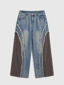 ROMWE Grunge Punk Jeans anchos de pierna ancha con diseño de split retro lavado para mujer de talla grande - Azul - Ver 1