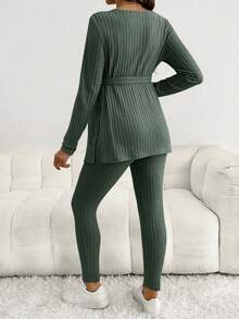 SHEIN 2pcs/Set Casual Maternity V-Neck Long Sleeve T-Shirt And Adjustable Waist Leggings, Comfortable Outfit Two Piece Set Women Comfy 2 Piece Lounge Sets Woman 2 Piece Casual Sets Woman Green 2 Piece Set Maternity Clothes Two Piece Suits - Green - View 2