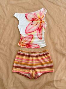 Soleia Trang phục dự tiệc cưới phong cách nghỉ dưỡng miền Tây, tiệc tốt nghiệp, lễ Thánh Patrick, kỳ nghỉ xuân, lễ Phục sinh, lễ hội âm nhạc, bộ đồ 2 mảnh sang trọng phong cách Boho nhiệt đới, chất liệu dệt kim mềm mại, màu nâu, thiết kế bất đối xứng, vai lệch, họa tiết hoa, hở lưng dành cho nữ. - Hồng - Xem 6