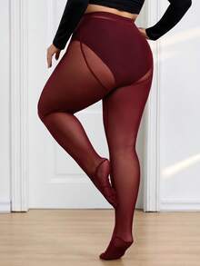 SHEIN CURVE+ Plus Size Fashionable Commuter Sheer High Stretch Leggings - Burgundy - View 2