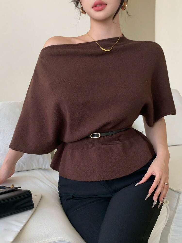 Waist Cinched Short Sleeve Unique & Beautiful Sweater With Belt, Women Knit Top Off The Shoulder