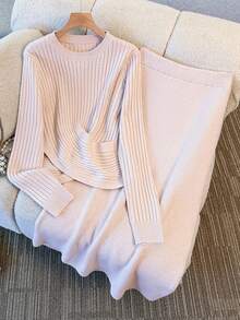 Selianne Conjunto de 2 piezas de top de punto con cuello redondo y bajo cruzado, y falda de cintura elástica ajustada de largo medio, estilo elegante de oficina, para mujer en otoño/invierno - Beis - Ver 3