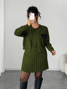 Elenzga Đầm không tay thanh lịch dành cho nữ kèm áo khoác cardigan dài tay, bộ đồ dệt kim dáng rộng cỡ lớn, áo khoác ngoài, trang phục mùa đông - xanh quân đội - Xem 5