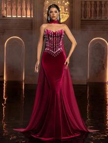 Glamrae Đầm dạ hội sang trọng màu đỏ tía, không dây vai, đính đá lấp lánh thủ công, kiểu đuôi cá (cổ áo voan xếp rời) bằng nhung. - Màu Đỏ Sâu - Xem 6