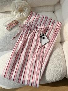 Sparklyn 少女款阔腿休闲裤，粉色条纹，适合日常、户外、度假穿着，可搭配吊带背心、T恤、衬衫。 - 粉色 - 查看 5