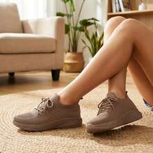 Mujer Zapatillas Deportivas De Tejido De Punto Transpirable Con Cordones Suela Gruesa Cafe Claro - Caqui - Ver 5