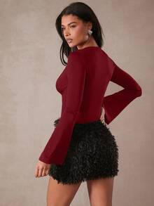 Hauture Women's Contrast Lace Deep V-Neck Flare Sleeve Fitted Sexy Fashion T-Shirt - Burgundy - View 2