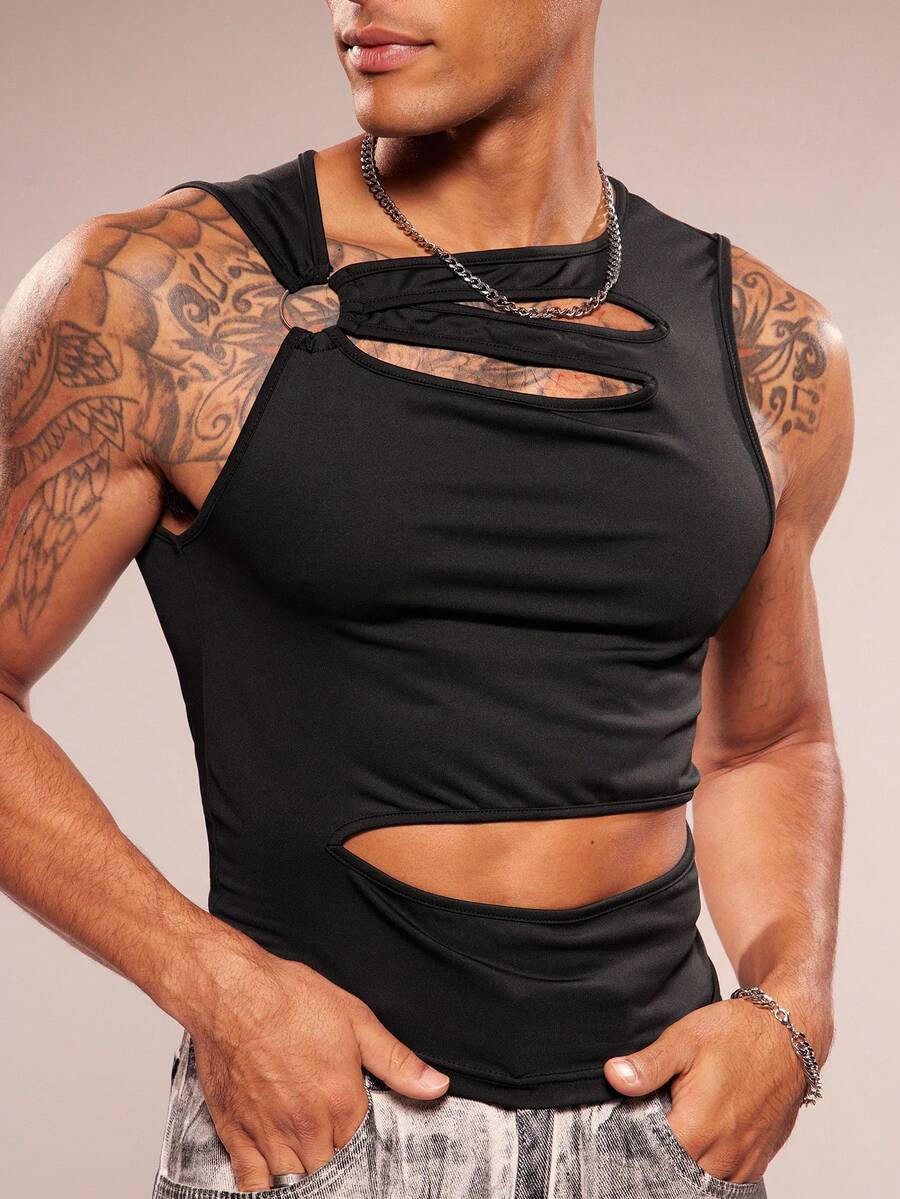 FeverCity Men's Sleeveless Crew Neck Hollow Out Casual Knit Top, Spring/Summer