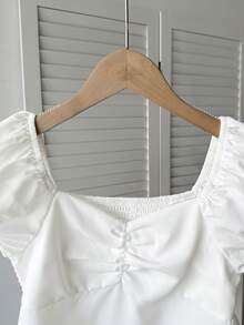 Tween Girl Casual Solid Color Short Sleeve Blouse - White - View 3