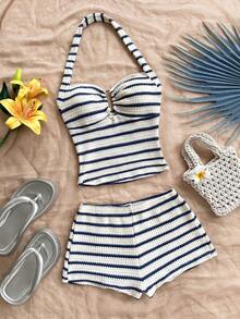 Soleia Women's Vacation Striped Halter Top And Shorts Casual 2 Pieces Set