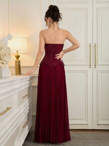 Poshira Women's Elegant Pearl Decor Strapless Formal Evening Gown Burgundy Formal Dress Maroon Formal Dress Wine Red Dress Elegant Evening Dress Strapless Formal Dress Valentines Dress Elegant Dress Sequin Dress Pink Red Dress Floral Dress Carnival  Graduation Ceremony, School Opening, Music Festival, Birthday Party, Wedding, Afternoon Tea Gathering, Ball - Burgundy - View 3