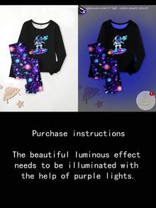2pcs/Set Boys' Cartoon Astronaut & Rocket Print Black Top Paired With Planet & Galaxy Glow-In-The-Dark Leggings, Knit Stretchy Soft Comfortable Sleepwear - Multicolor - View 6