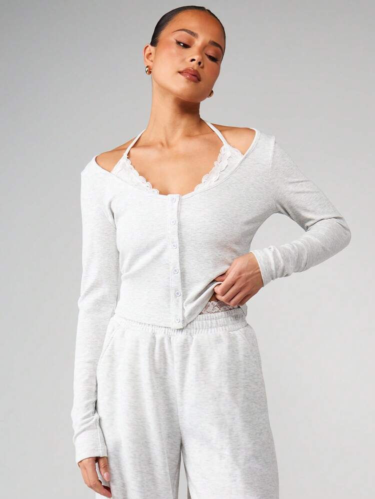 MISSGUIDED Ribbed Knit Button Down Cardigan Top With Lace Trim And Tie Back Detail Off Shoulder Long Sleeve Cropped Sweater